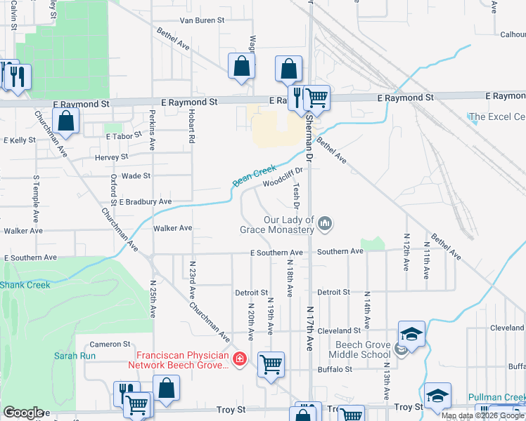 map of restaurants, bars, coffee shops, grocery stores, and more near 2535 Beechcrest Drive in Indianapolis
