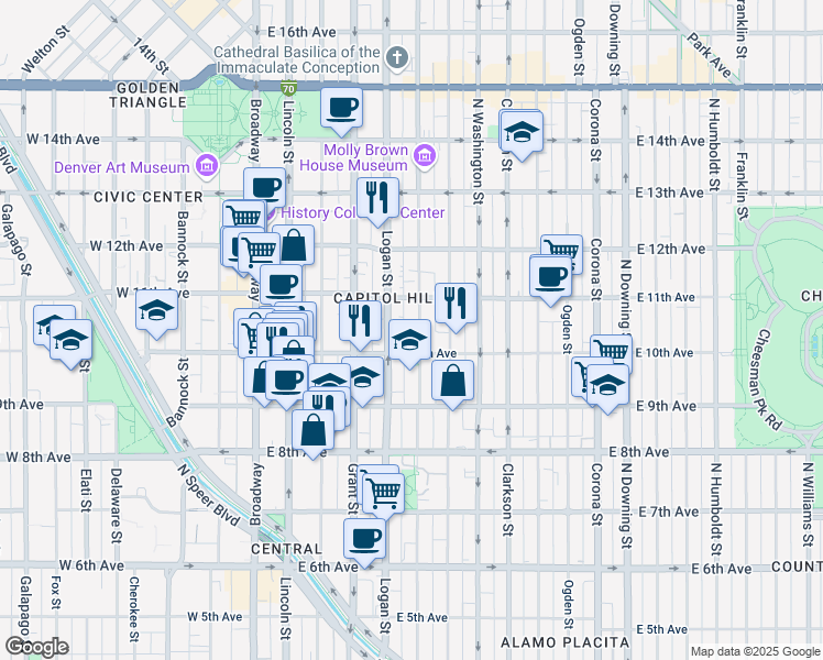 map of restaurants, bars, coffee shops, grocery stores, and more near 420 East 10th Avenue in Denver
