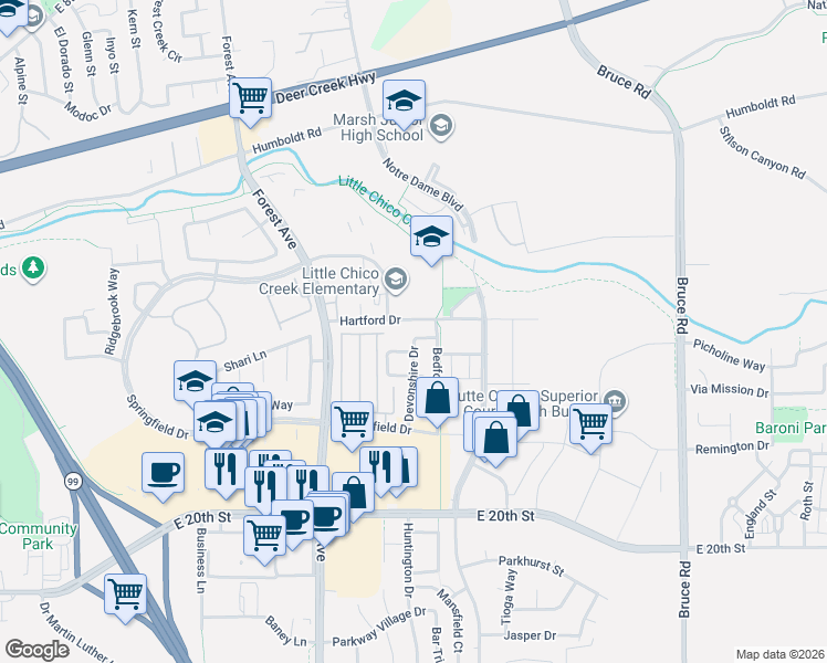 map of restaurants, bars, coffee shops, grocery stores, and more near 2099 Hartford Drive in Chico