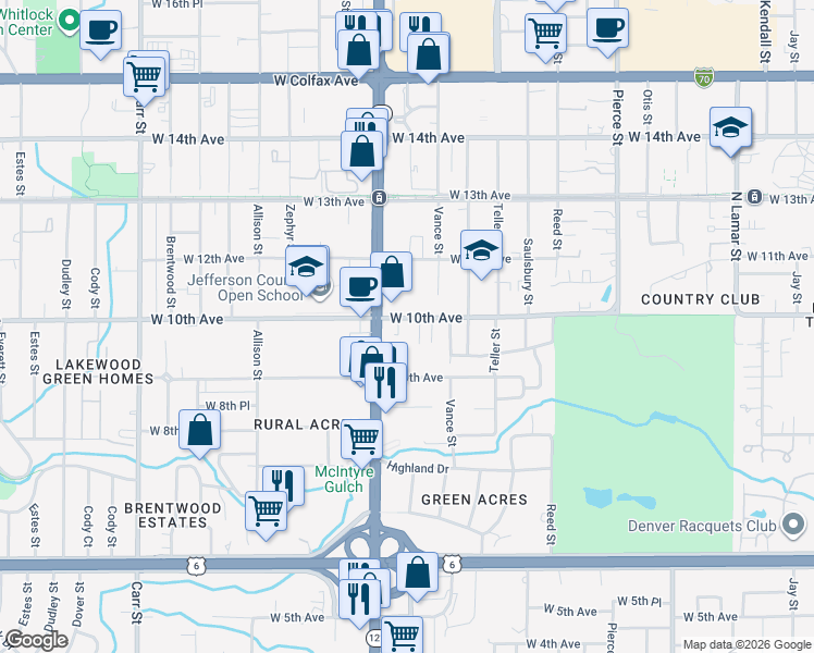map of restaurants, bars, coffee shops, grocery stores, and more near 7500 West 10th Avenue in Lakewood
