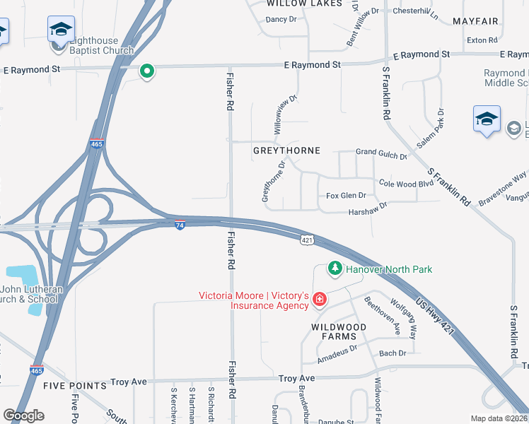 map of restaurants, bars, coffee shops, grocery stores, and more near 7621 Thorney Wood Drive in Indianapolis