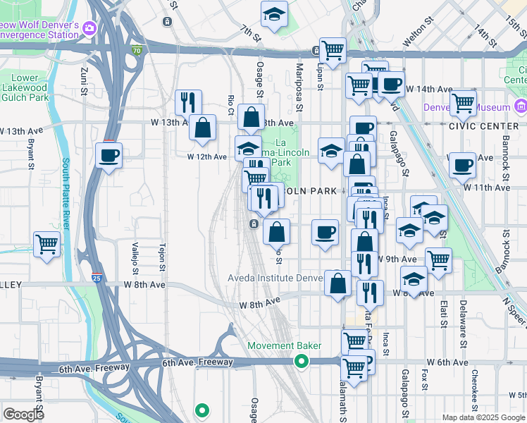 map of restaurants, bars, coffee shops, grocery stores, and more near 1040 Osage Street in Denver