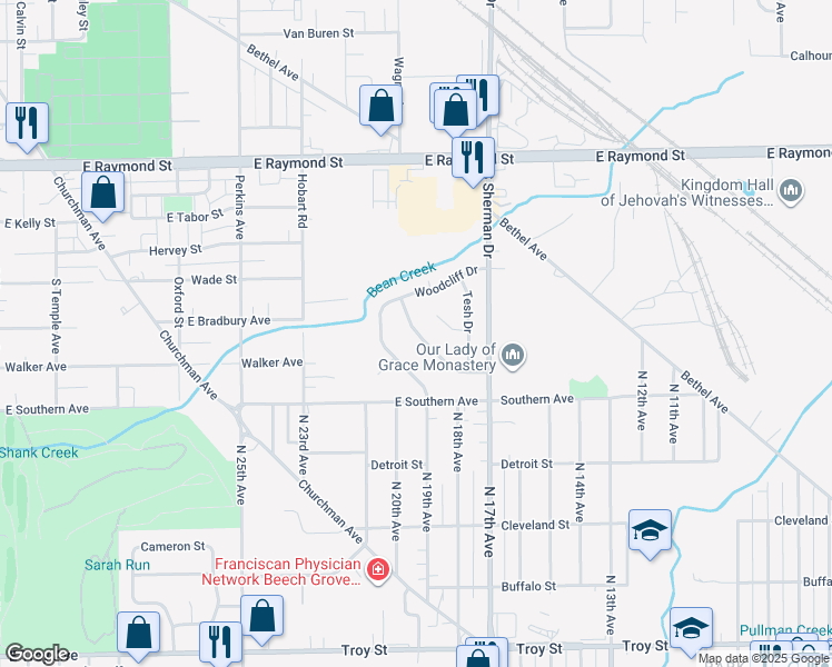 map of restaurants, bars, coffee shops, grocery stores, and more near 2535 Beechcrest Drive in Indianapolis