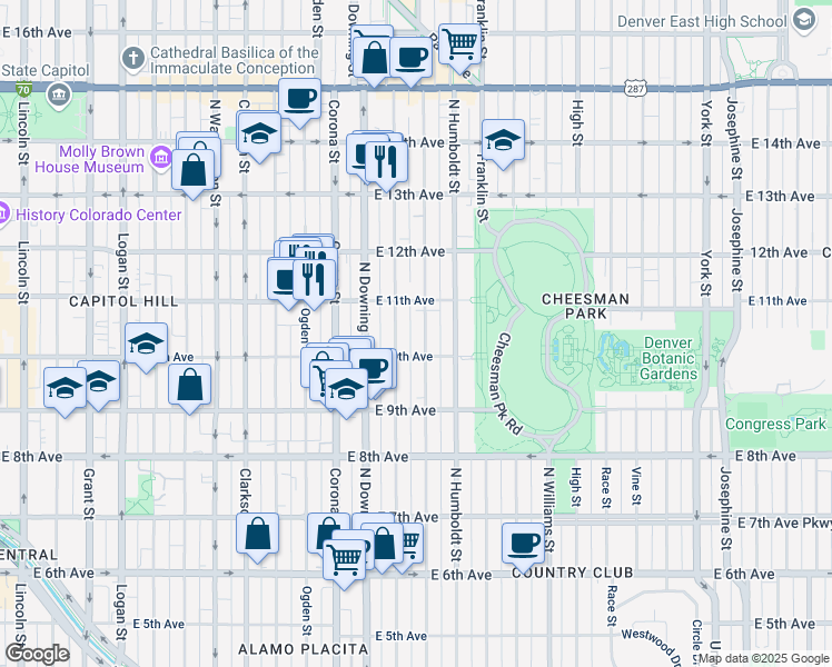 map of restaurants, bars, coffee shops, grocery stores, and more near in Denver