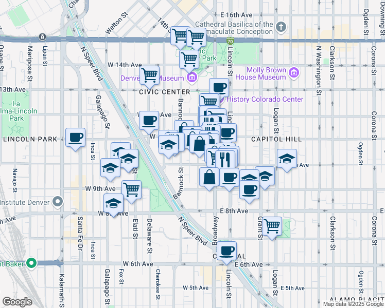 map of restaurants, bars, coffee shops, grocery stores, and more near in Denver
