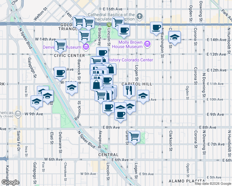 map of restaurants, bars, coffee shops, grocery stores, and more near 1075 Sherman Street in Denver
