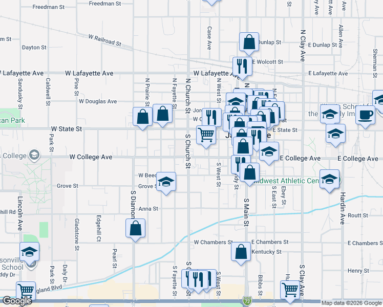 map of restaurants, bars, coffee shops, grocery stores, and more near 200 South Church Street in Jacksonville