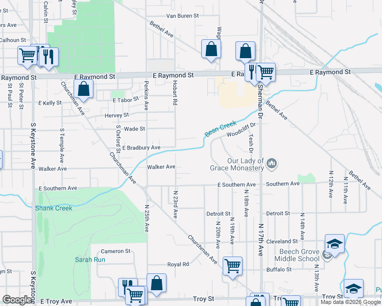 map of restaurants, bars, coffee shops, grocery stores, and more near 5 Rhonda Court in Indianapolis