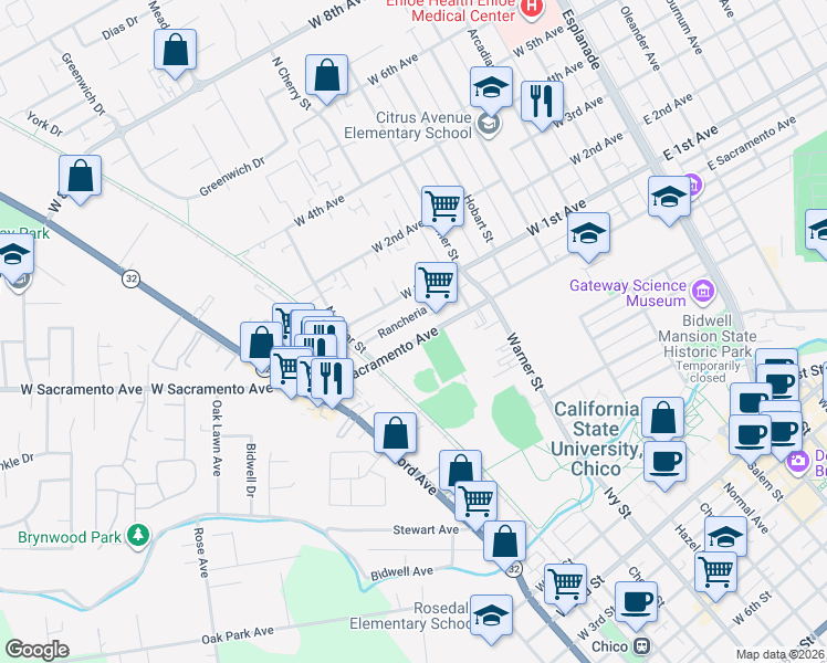 map of restaurants, bars, coffee shops, grocery stores, and more near 728 West Sacramento Avenue in Chico