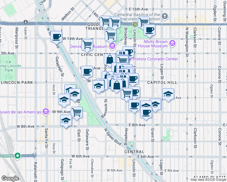 map of restaurants, bars, coffee shops, grocery stores, and more near 128 West 11th Avenue in Denver