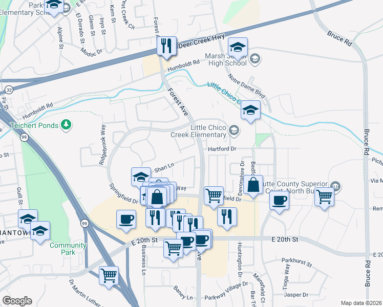 map of restaurants, bars, coffee shops, grocery stores, and more near 27 Forest Avenue in Chico