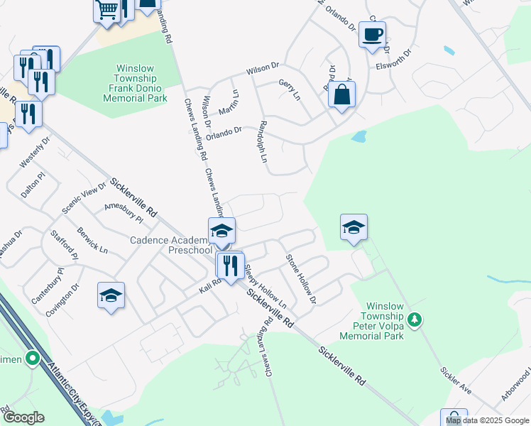 map of restaurants, bars, coffee shops, grocery stores, and more near 24 Revere Way in Sicklerville