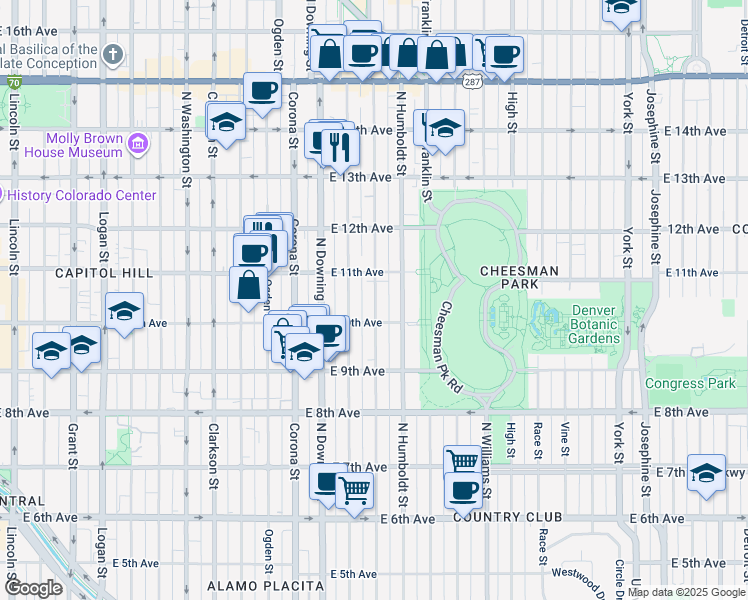 map of restaurants, bars, coffee shops, grocery stores, and more near 1061 Humboldt Street in Denver