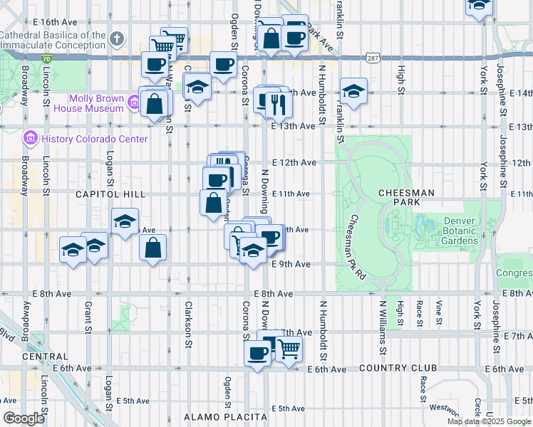 map of restaurants, bars, coffee shops, grocery stores, and more near 1081 North Downing Street in Denver