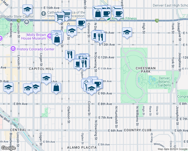 map of restaurants, bars, coffee shops, grocery stores, and more near 1081 North Downing Street in Denver