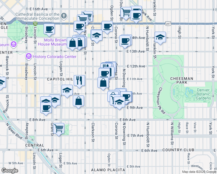 map of restaurants, bars, coffee shops, grocery stores, and more near 900 East 11th Avenue in Denver