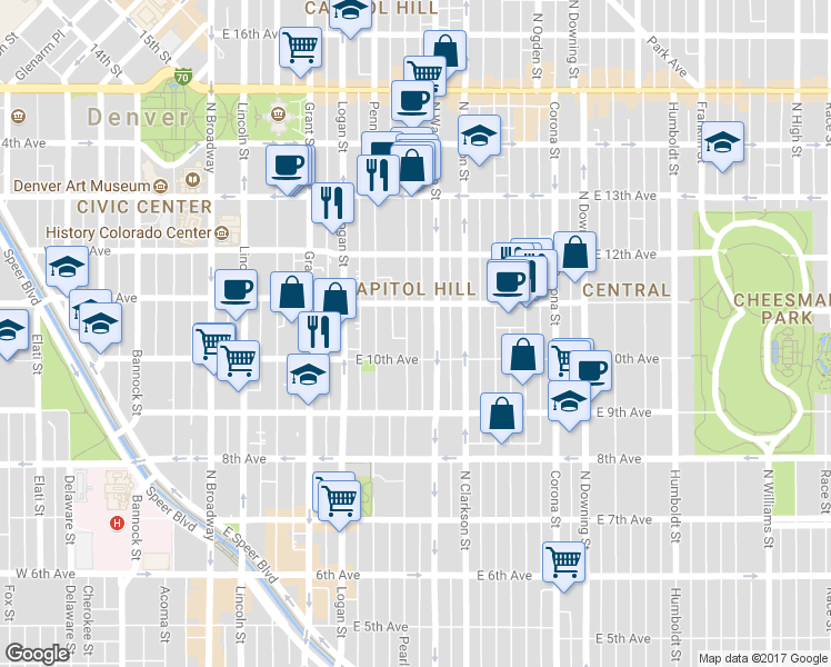 map of restaurants, bars, coffee shops, grocery stores, and more near 1075 North Washington Street in Denver