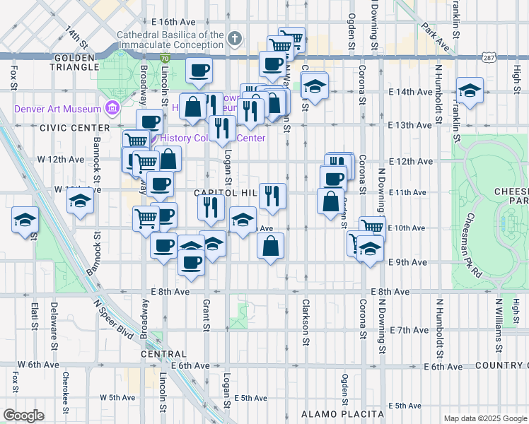 map of restaurants, bars, coffee shops, grocery stores, and more near in Denver
