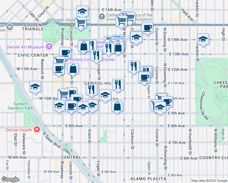 map of restaurants, bars, coffee shops, grocery stores, and more near in Denver