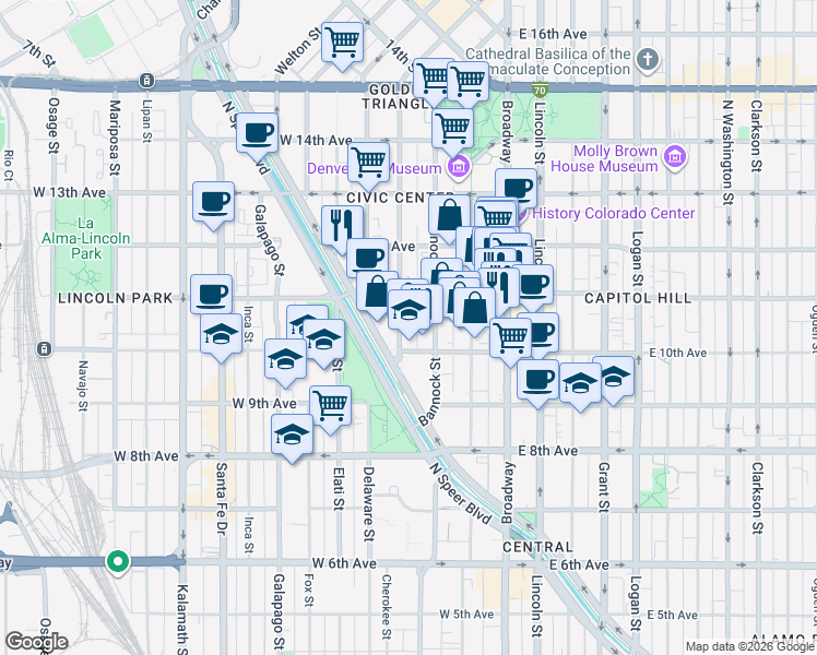 map of restaurants, bars, coffee shops, grocery stores, and more near in Denver