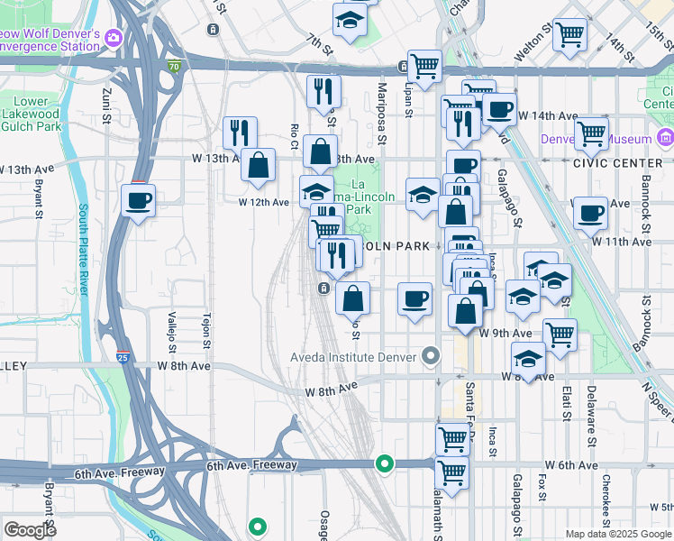 map of restaurants, bars, coffee shops, grocery stores, and more near 1342 West 11th Avenue in Denver