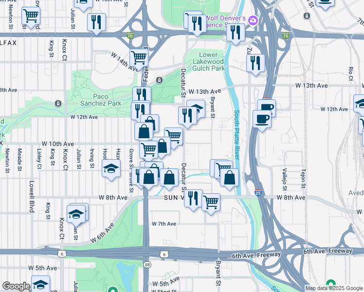 map of restaurants, bars, coffee shops, grocery stores, and more near 2837 West 10th Avenue in Denver