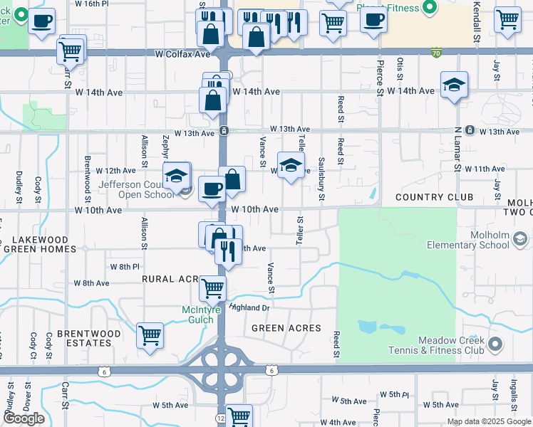 map of restaurants, bars, coffee shops, grocery stores, and more near 1081 Vance Street in Lakewood