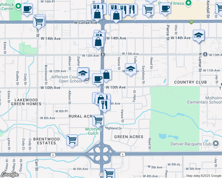 map of restaurants, bars, coffee shops, grocery stores, and more near 1081 Vance Street in Lakewood