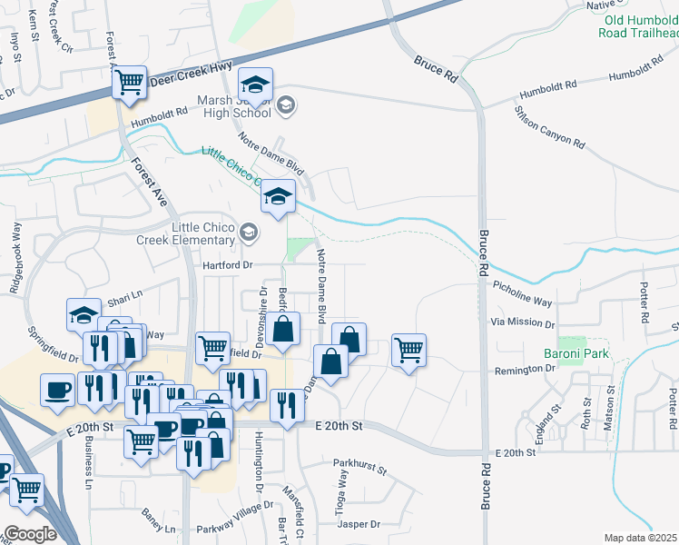 map of restaurants, bars, coffee shops, grocery stores, and more near Chico Bike Path in Chico