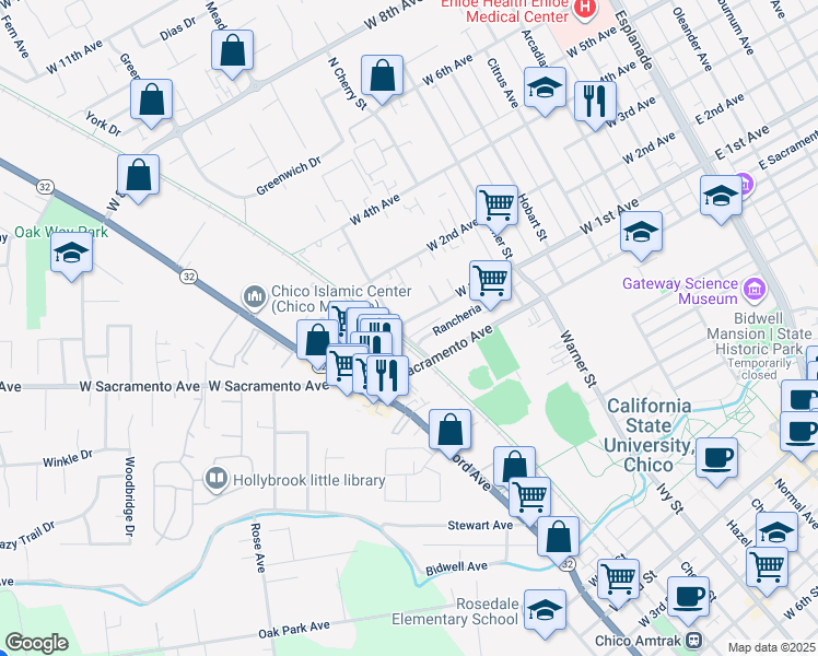 map of restaurants, bars, coffee shops, grocery stores, and more near 806 West 1st Avenue in Chico