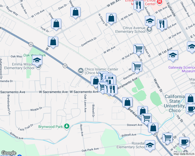 map of restaurants, bars, coffee shops, grocery stores, and more near 1140 Columbus Avenue in Chico