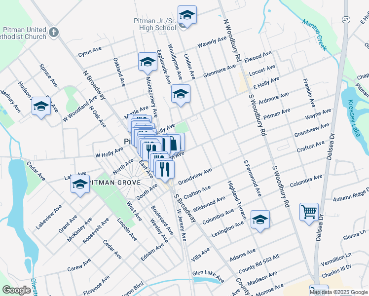 map of restaurants, bars, coffee shops, grocery stores, and more near 35 South Summit Avenue in Pitman