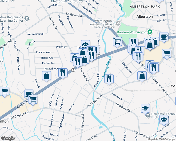 map of restaurants, bars, coffee shops, grocery stores, and more near 3620 Kirkwood Highway in Wilmington