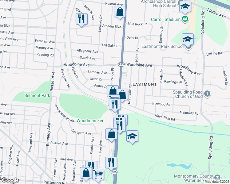 map of restaurants, bars, coffee shops, grocery stores, and more near 1684 Pence Place in Dayton