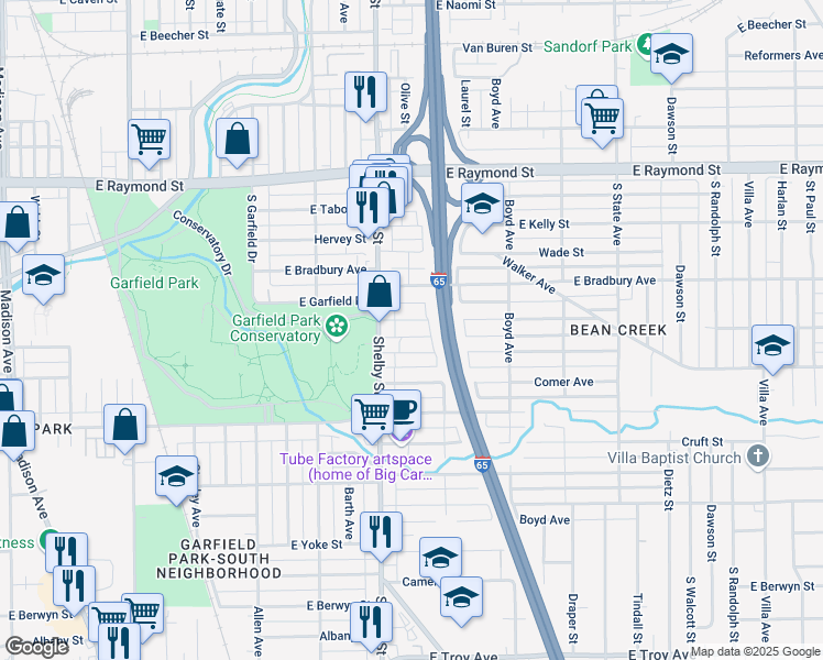 map of restaurants, bars, coffee shops, grocery stores, and more near 2419 Shelby Street in Indianapolis