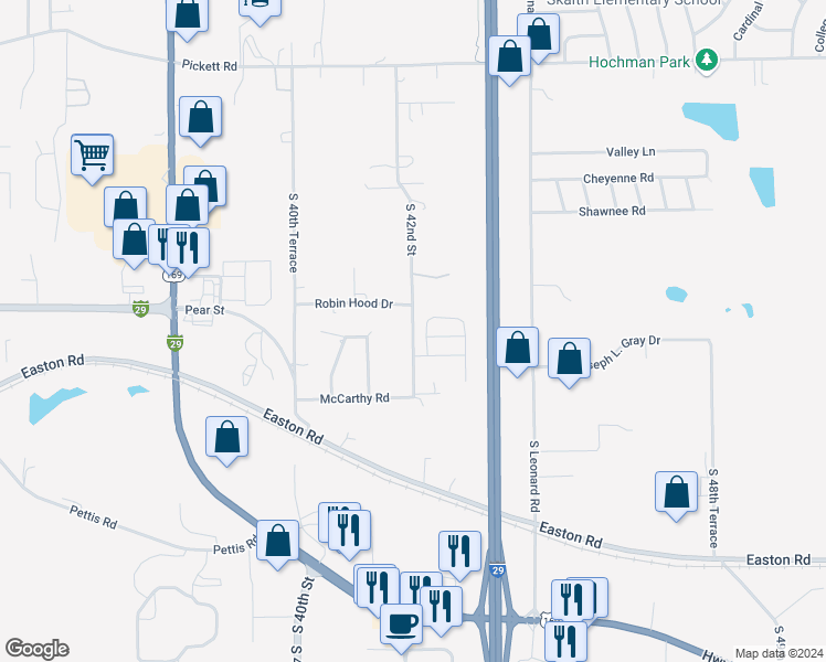 map of restaurants, bars, coffee shops, grocery stores, and more near 4024 Robin Hood Drive in Saint Joseph