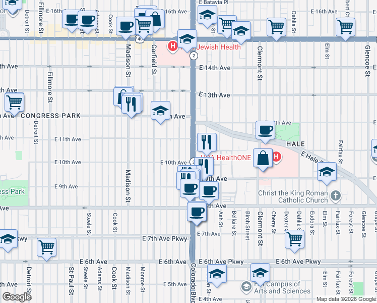 map of restaurants, bars, coffee shops, grocery stores, and more near 1074 Harrison Street in Denver