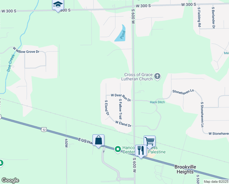 map of restaurants, bars, coffee shops, grocery stores, and more near 3547 South Eland Drive in New Palestine