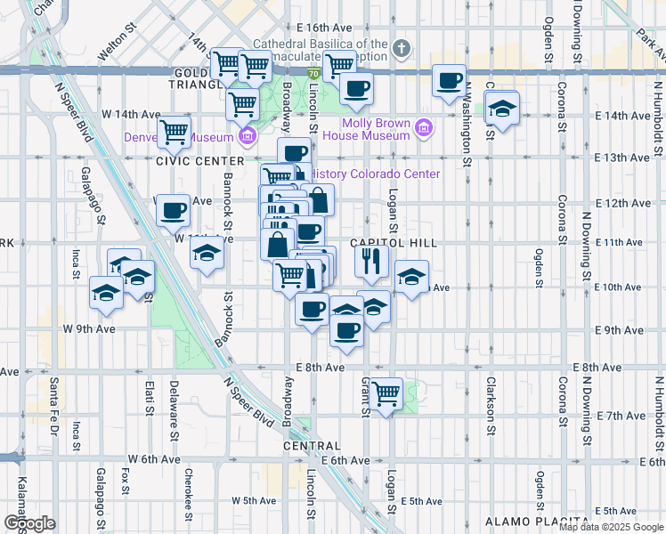 map of restaurants, bars, coffee shops, grocery stores, and more near 1035 Sherman Street in Denver
