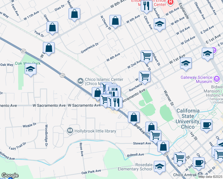 map of restaurants, bars, coffee shops, grocery stores, and more near 3 Braydon Court in Chico