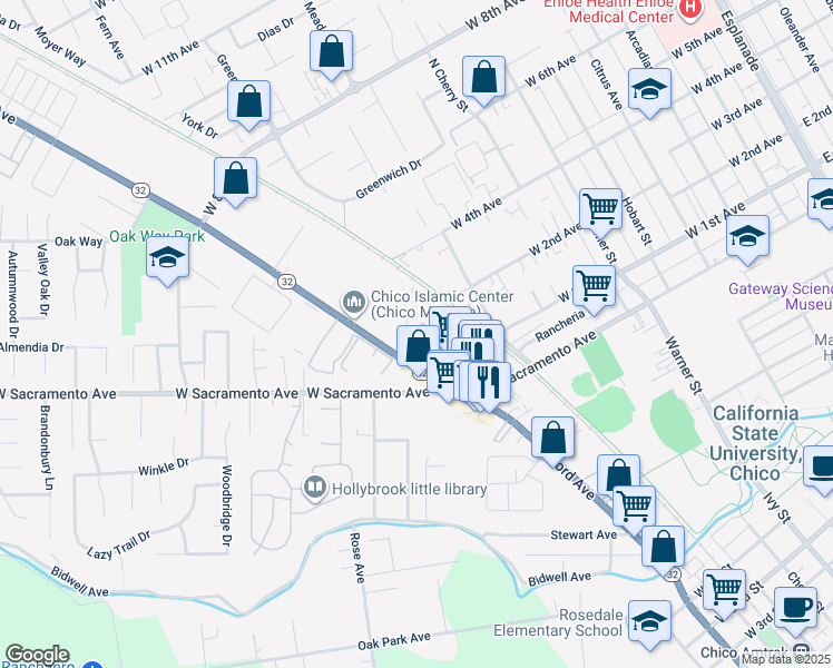 map of restaurants, bars, coffee shops, grocery stores, and more near 1114 Nord Avenue in Chico