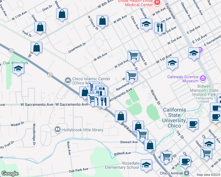 map of restaurants, bars, coffee shops, grocery stores, and more near 833 West 1st Avenue in Chico