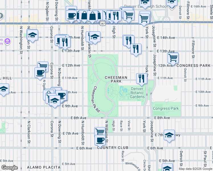 map of restaurants, bars, coffee shops, grocery stores, and more near Cheesman Park Road in Denver