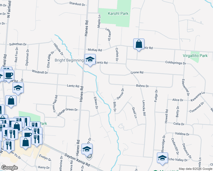map of restaurants, bars, coffee shops, grocery stores, and more near 2899 Bahns Drive in Dayton