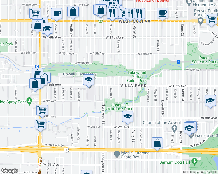 map of restaurants, bars, coffee shops, grocery stores, and more near 4310 West 10th Avenue in Denver