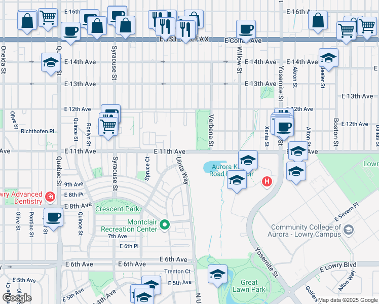 map of restaurants, bars, coffee shops, grocery stores, and more near 8000 East 11th Avenue in Denver
