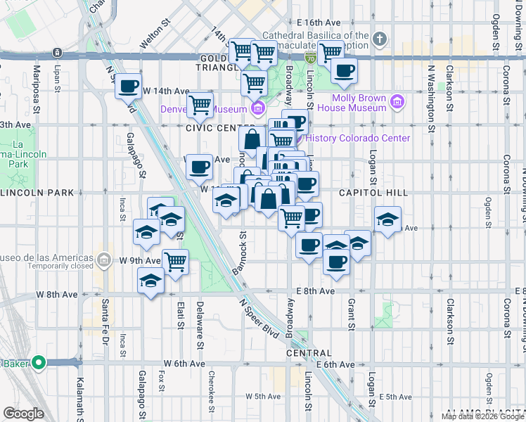 map of restaurants, bars, coffee shops, grocery stores, and more near 128 West 11th Avenue in Denver