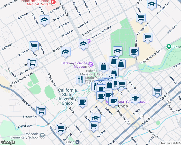 map of restaurants, bars, coffee shops, grocery stores, and more near 525 Esplanade in Chico