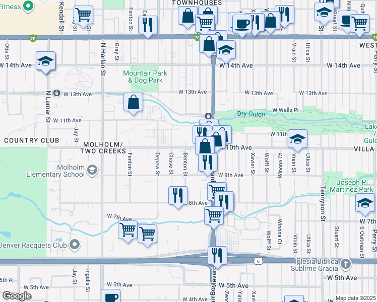 map of restaurants, bars, coffee shops, grocery stores, and more near 5375 West 10th Avenue in Denver