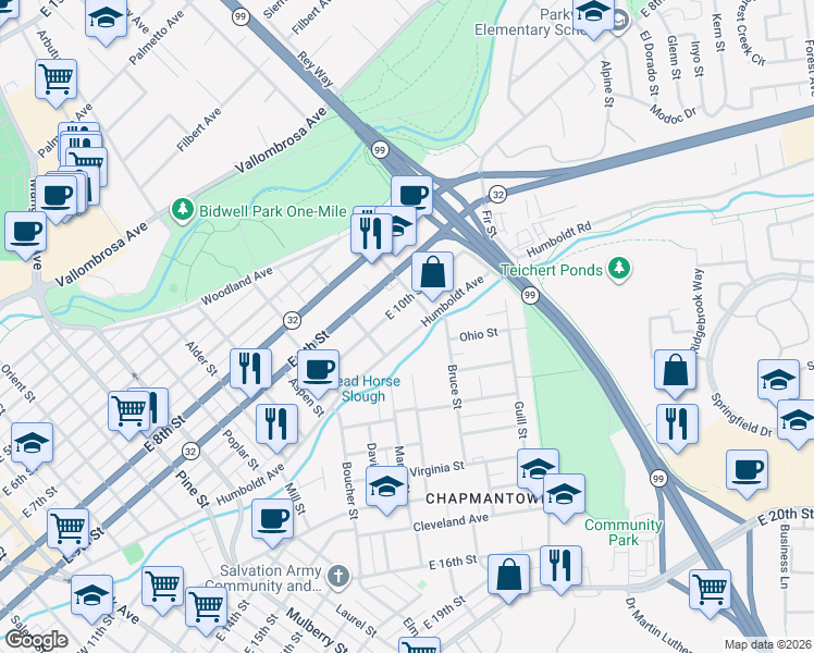 map of restaurants, bars, coffee shops, grocery stores, and more near 1274 Humboldt Avenue in Chico